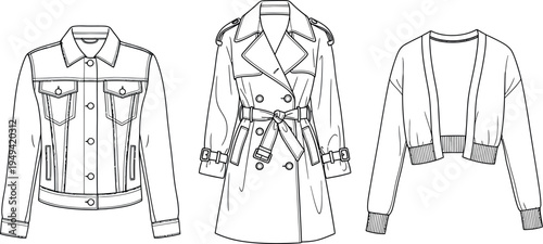 A collection of three distinct female outerwear garment flat sketches including a denim jacket a belted trench coat and a cropped cardigan
