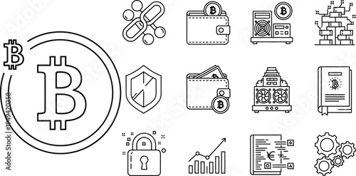 Collection of black outline icons representing various concepts associated with cryptocurrency blockchain technology and digital finance transactions