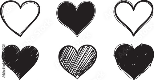 A collection of six hand drawn hearts with various patterns and shading