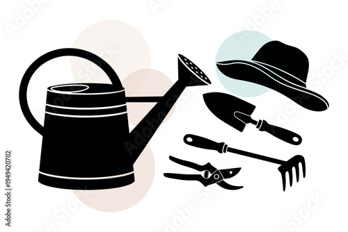 Silhouette set of watering can and handheld garden tools with sun hat. Modern flat icons for domestic planting and vegetation care projects. Solid symbols. Vector illustration.