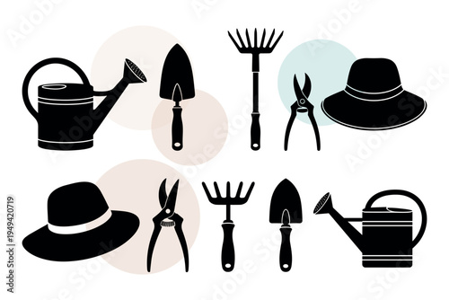Silhouette set of essential gardening equipment and straw hats. Equipment icons for farming and backyard landscaping projects. Hand tool symbol collection. Vector illustration.