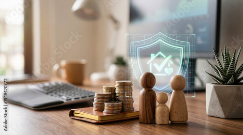 Family health and life insurance concept with wooden figures and gold coins on desk, digital glowing shield hologram for financial protection and secure future planning.