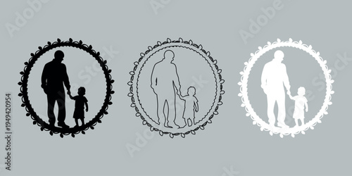 Set of 3 Father and Child Silhouettes in Gear Circle Vector Icons: Black, Outline, and White Designs for Family, Parenthood, and Relationship Concepts