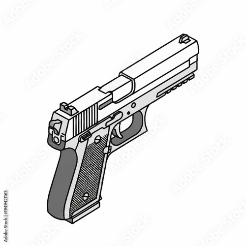 Detailed Isometric Illustration of a Modern Semi-Automatic Handgun.
