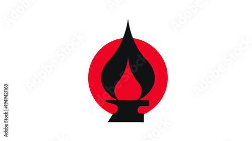 Stylized emblem featuring a black flame shape atop a black anvil, centered within a vibrant red circle