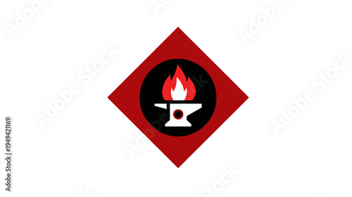 A geometric composition featuring a white anvil beneath flames in a black circle, enclosed in a red diamond