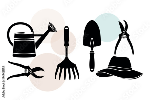 Silhouette set of professional garden hand tools and protective sun hats. Icons for horticulture and plant care maintenance. Agriculture equipment symbols. Vector illustration.