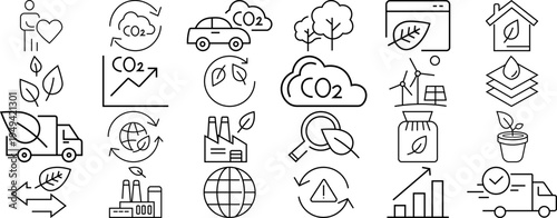 Collection of eco-friendly and sustainability icons representing environmental protection concepts like CO2 reduction renewable energy and green transport ideal for web design and infographics