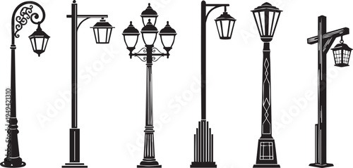 Collection of six distinctive street lamp post silhouettes in black and white