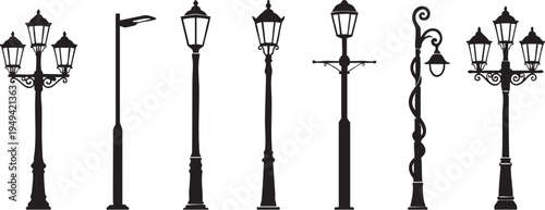 Collection of vintage and modern street lamp posts in black silhouette