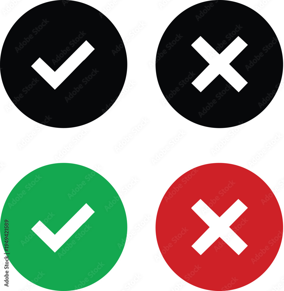 Obraz premium Green and red checkmarks and crosses in black and colored circles
