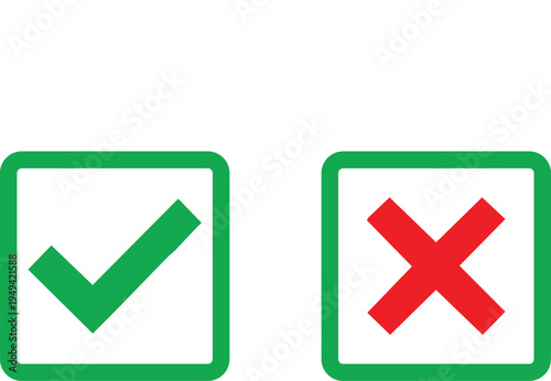 Green check mark and red cross mark in square frames