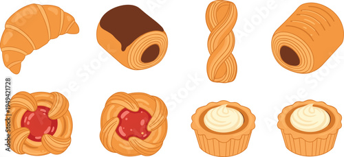 Bakery Pastry and Sweet Dessert Vector Illustration Set Featuring Croissant, Chocolate Roll, Jam Danish, Braided Bread and Cream Tart
