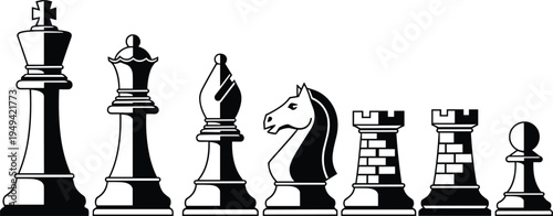 Black and White Chess Pieces Set Featuring King Queen Bishop Knight Rook and Pawn Silhouette Icons for Strategy Board Game Education and Intellectual Sports Design.
