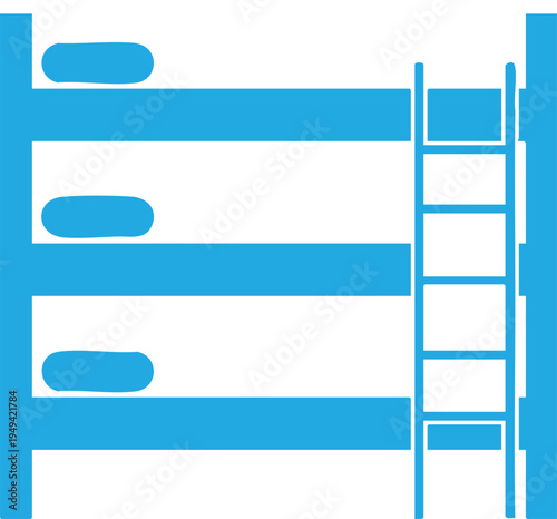 Blue bunk bed with three levels and ladder