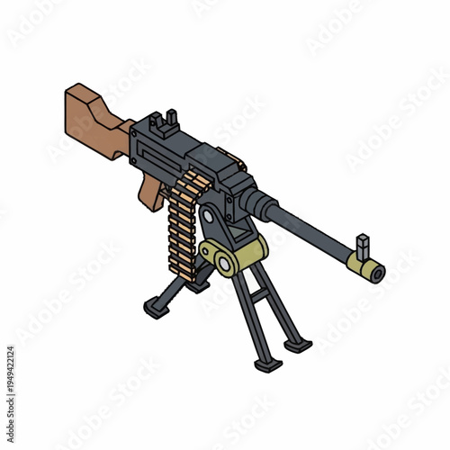 Isometric Machine Gun with Bipod and Ammunition Belt.