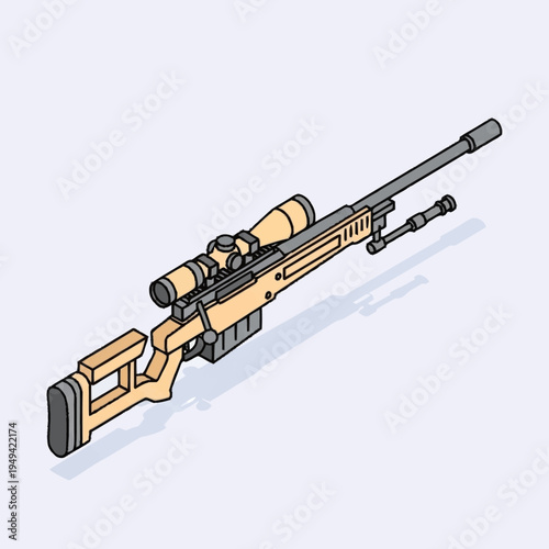 Isometric Illustration of a Sniper Rifle with Scope and Bipod.
