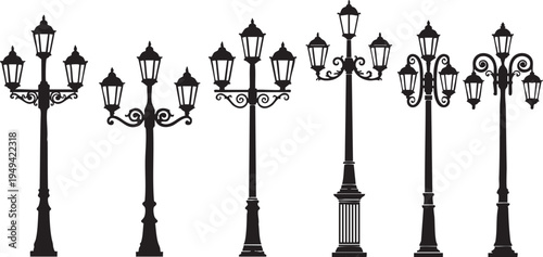Collection of ornate black street lamps on white background