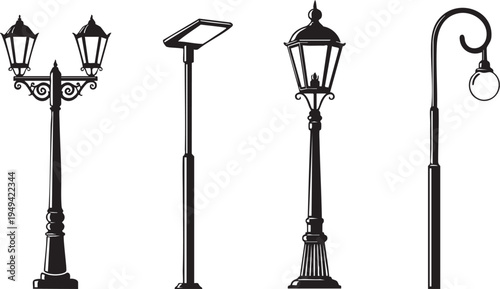 Variety of street lights and lamps on poles for urban illumination