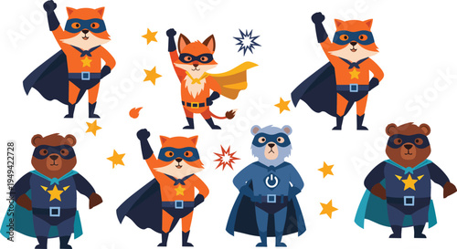 Cute Animal Superhero Characters Collection with Fox and Bear Heroes Wearing Capes Masks and Star Emblems Cartoon Vector Illustration Set