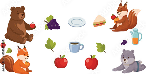 Cute Forest Animals Eating Food Collection with Bear Fox Squirrel Apples Grapes Sandwich and Drinks Cartoon Vector Illustration Set