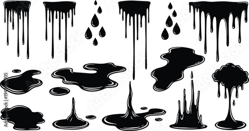 Black liquid drip and splash shapes collection with paint drops ink splatters puddles and dripping effect vector set
