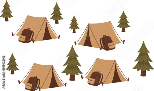 Camping Adventure Elements Collection with Forest Tent Backpack and Pine Trees Outdoor Travel Vector Illustration Set