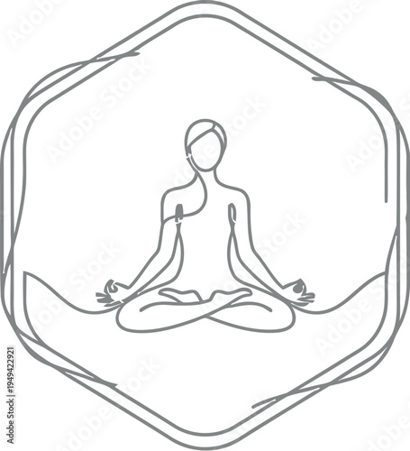 Minimalist continuous line art illustration depicts a figure meditating peacefully in the lotus position inside a geometric frame design.