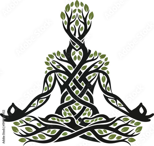 Stylized illustration depicts a meditating human figure intricately formed by interwoven dark tree branches and vibrant green foliage symbolizing nature connection