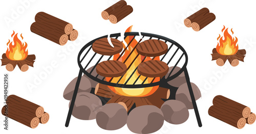 Camping Campfire BBQ Grill Collection with Burning Firewood Logs and Grilled Meat Outdoor Cooking Vector Illustration Set