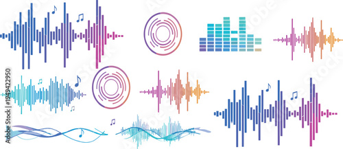 Colorful Audio Waveform and Music Equalizer Vector Illustration Set Featuring Sound Waves, Spectrum Bars and Digital Music Visualization