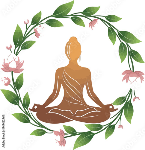 Silhouette of a woman meditating peacefully in lotus position surrounded by a beautiful wreath of pink lotus flowers and green leaves