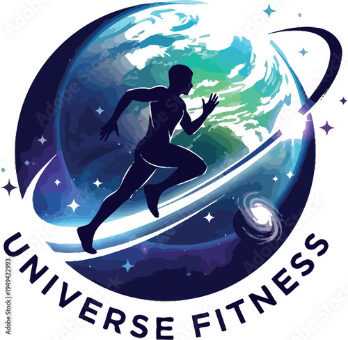 A powerful and dynamic logo illustration featuring a determined running athlete across a vibrant planet Earth set against a cosmic starry background with orbiting elements.