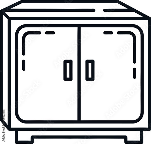 A minimalist line art icon depicting a small modern storage cabinet with two doors and a simple base, perfect for UI design and furniture illustrations.