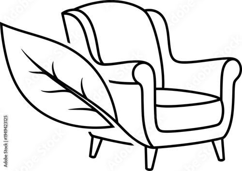 Simple black and white line art icon depicting an upholstered armchair combined with a large leaf symbolizing eco-friendly furniture design concepts.