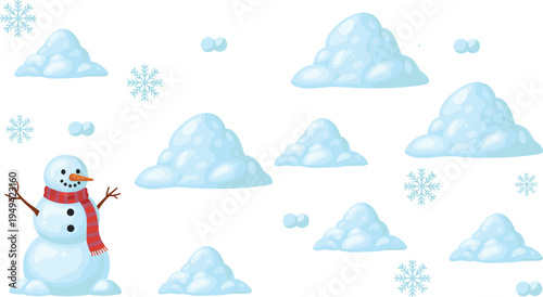 Winter Snow Elements Collection with Snowman Snowdrifts Snowflakes and Ice Piles Seasonal Holiday Vector Illustration Set