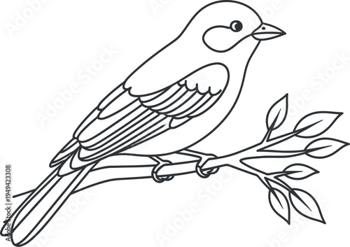 A charming black and white line drawing illustrates a small bird gracefully perched on a leafy branch, perfect for coloring books or nature-themed designs and educational materials.