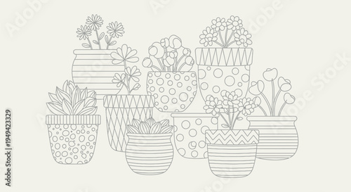 An assortment of charming potted plants and blooming flowers presented in a delightful line art style, perfect for a creative and relaxing coloring activity page.