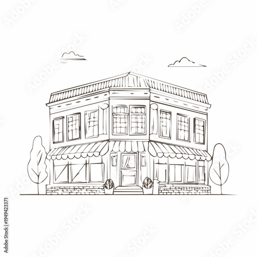 Sketch of a classic corner building with windows and awning