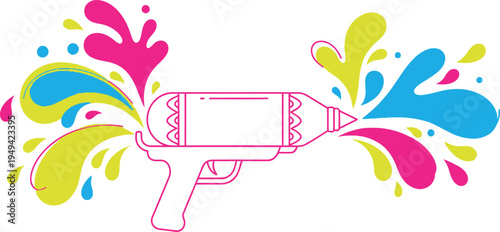 Simple line art drawing depicts a toy water gun firing vibrant splashes of colorful liquid in a festive celebration style illustration