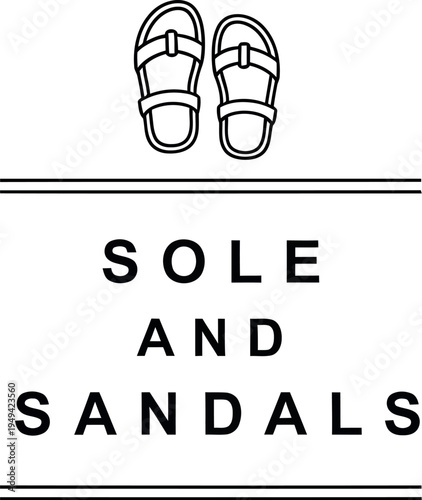 Minimalist black and white line art logo design featuring outline sandals above the centered text sole and sandals