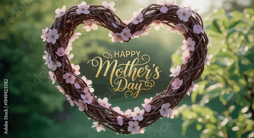 This charming heart-shaped wreath, meticulously crafted from entwined branches and adorned with delicate pink cherry blossoms, beautifully frames the elegant golden "Happy Mother's Day" text.