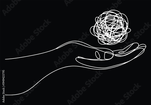 Hand holding tangled ball of string abstract concept of problem solving black background stock vector