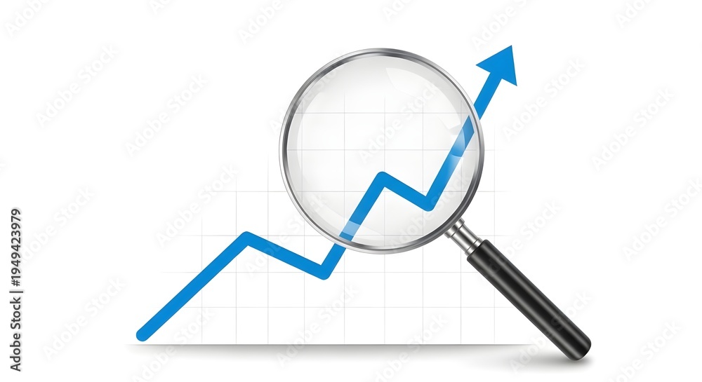 Obraz premium Magnifying glass analyzing upward financial growth chart isolated on white