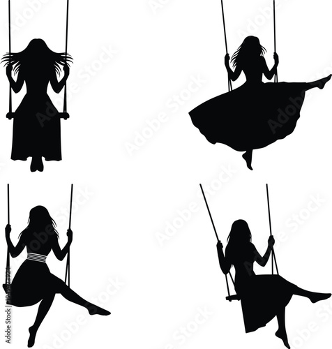 Collection of woman and girl swinging silhouettes on swing set isolated on white background, playful female swing poses vector illustration for playground leisure concept
