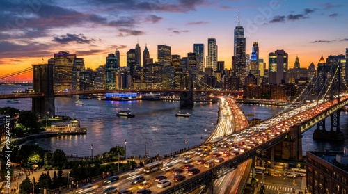 New York City skyline and bridges at dusk with traffic and illuminated buildings