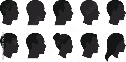 Male and female head profile silhouettes set with diverse human face side views isolated on white background, avatar people vector icon collection