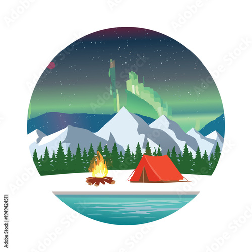 Vibrant landscape illustration featuring aurora borealis over snowy mountains