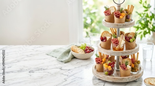 Elegant tiered stand filled with individual charcuterie cups and fresh fruit for entertaining