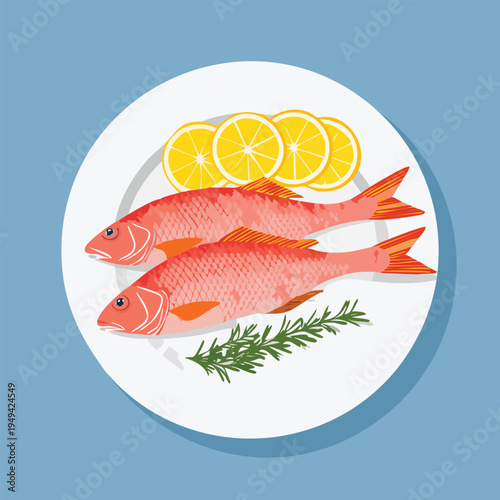 Freshly prepared fish with lemon slices on a white plate illustration